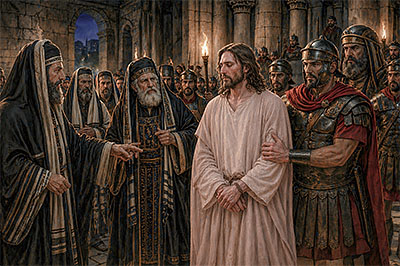 Jesus standing before Annas
